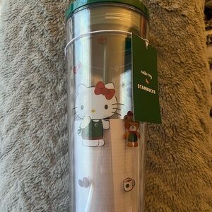 Starbucks Clear cold cup with Green Lid and Hello Kitty Design